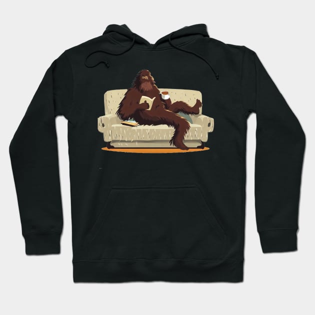 Bigfoot sit on sofa, read a book and drink coffee Hoodie by JameMalbie